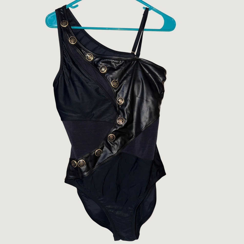 Beyond Control Womens One Shoulder Swimsuit Black Faux Leather Mesh Buttons 14